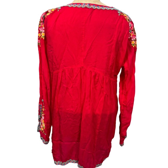 Johnny Was Vanessa M Embroidered Red Tunic Top Floral Rayon Boho Fairy Peasant - Picture 6 of 16